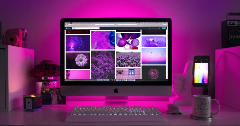 A monitor with purple lights.