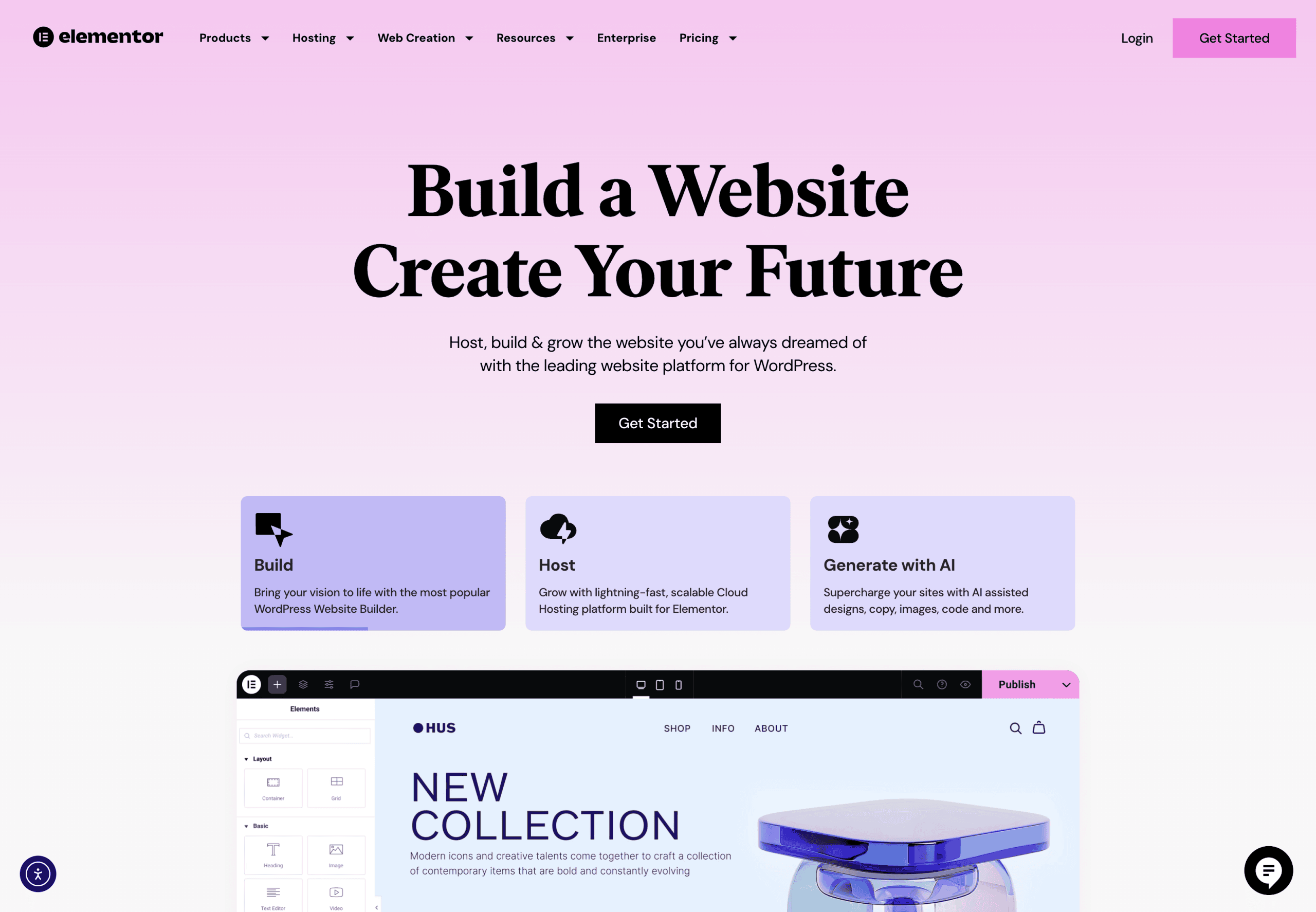 Screenshot of Elementor’s homepage featuring the headline “Build a Website, Create Your Future” with options to build, host, or generate sites with AI, and a sample website preview below.